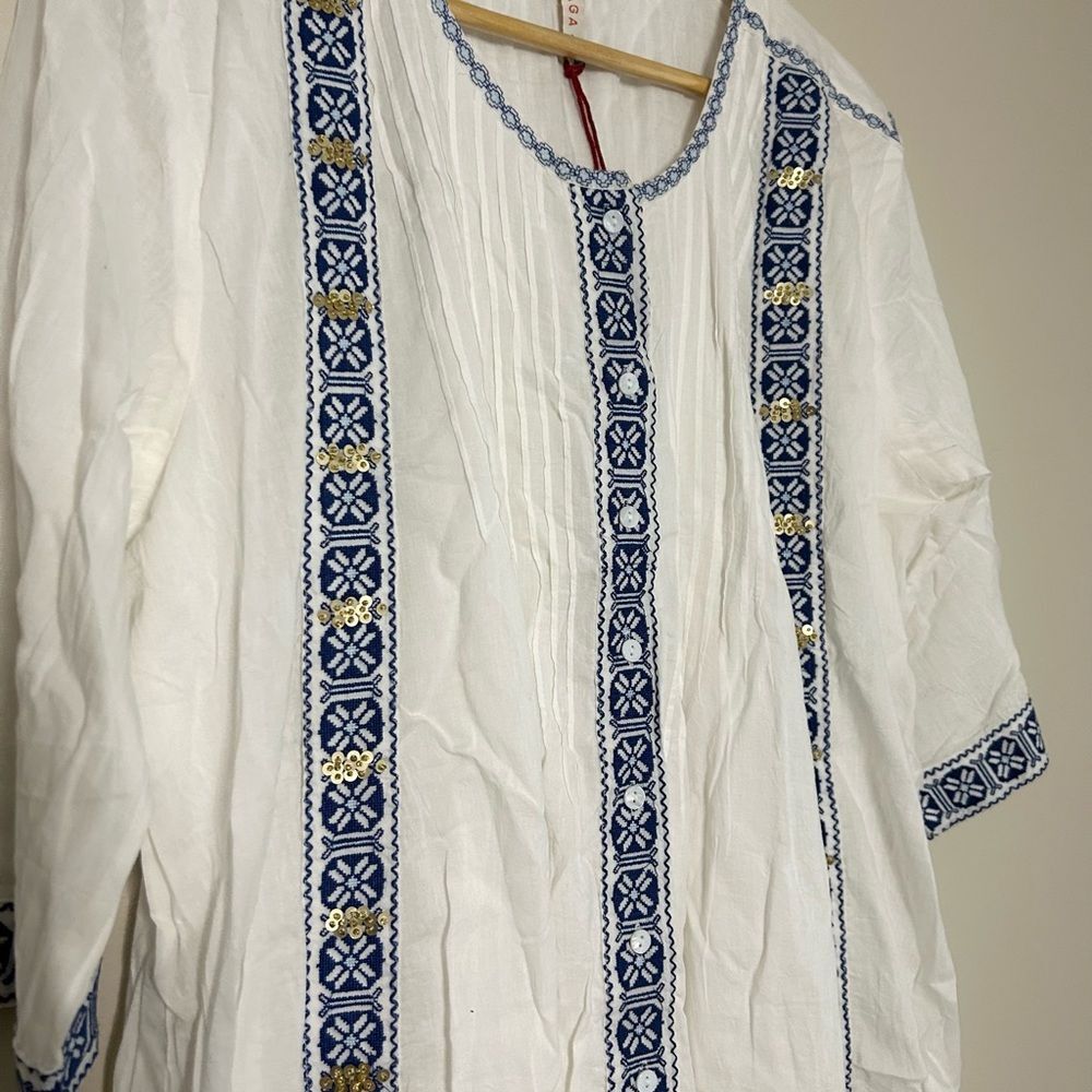Anthropologie x Raga White Embroidered Sequin Button Front Midi Dress Size Large - Picture 4 of 11